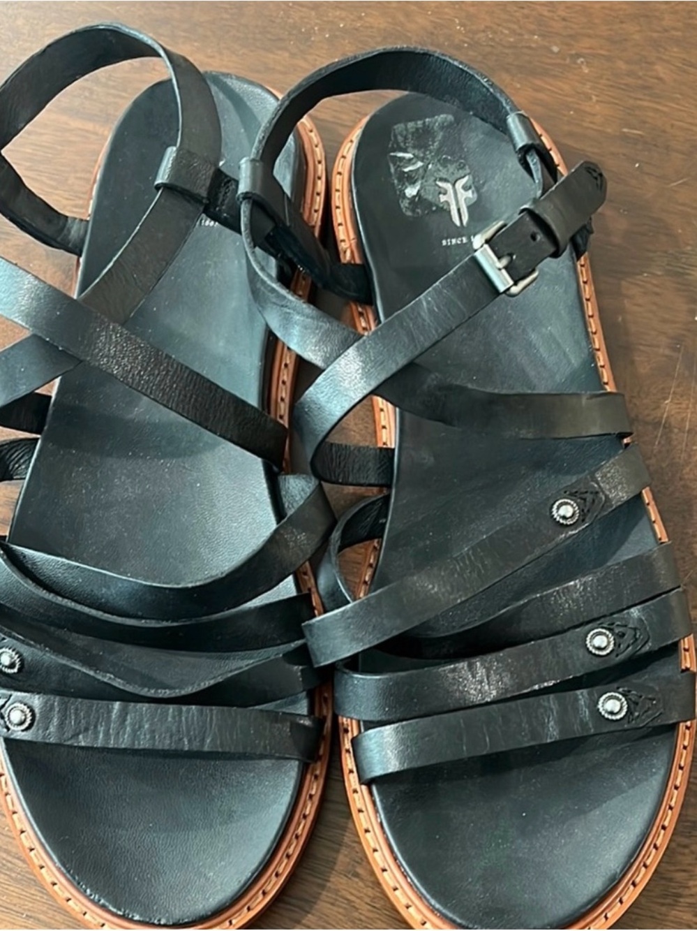 Frye Black Flat Sandals with Adjustable Ankle Strap NWOT